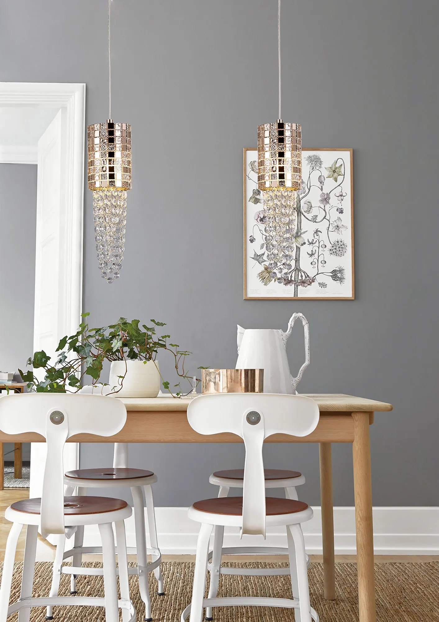 Camden Rose Gold Crystal Ceiling Lights Diyas Single Crystal Pendants